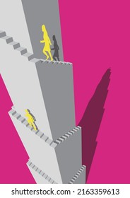 Man and woman climbing tower stairs toward goal Vector illustration