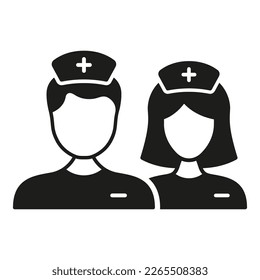 Man and Woman Clinician, Doctor, Nurse, Intern, Hospital Staff Glyph Pictogram. Medical Specialists Silhouette Icon. Male and Female General Practitioners Symbol. Isolated Vector Illustration.