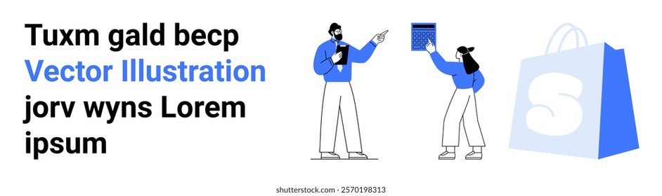 Man and woman with clipboard and tablet. Blue shopping bag icon. Ideal for e-commerce, online shopping, business presentations, marketing materials, website headers. Landing page