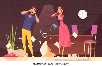 Man and woman closing ears and loud howl of puppy after pranks in home interior vector illustration