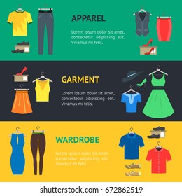 Man and Woman Clothes Banner Horizontal Set. Flat Design Style. Vector illustration