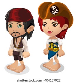 The man and the woman in clothes of pirate isolated on white background. Vector illustration.