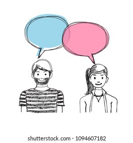 Man and woman with clouds thoughts. Hand drawn speech bubbles. Flat design, vector