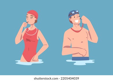 Man and woman coaches standing in swimming pool teaching people to swim vector illustration