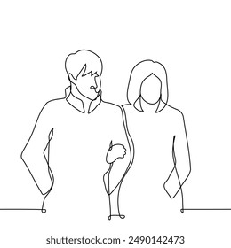 man and a woman in a coat walk or stand together - one line art vector. concept autumn walk of a heterosexual couple. Handmade vector not AI