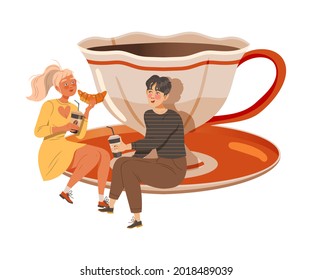 Man and Woman Coffee Lover Sitting on Huge Saucer with Cup and Drinking Hot Aromatic Beverage Vector Illustration