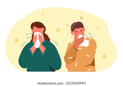 Man and woman with cold concept. Young boy and girl blowing their noses in white handkerchiefs. Colds and sickness, fever, flu. People with illness and disease. Cartoon flat vector illustration