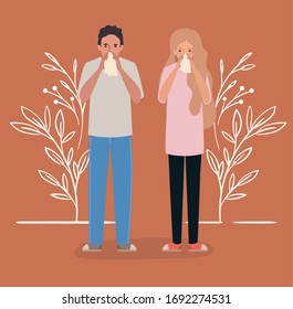 Man and woman with cold holding tissue design of Medical care hygiene health emergency aid exam clinic and patient theme Vector illustration