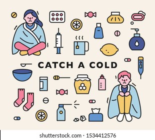 A man and a woman with a cold are shaking with a blanket. Good things for a cold. outline style icon set. flat design style minimal vector illustration.