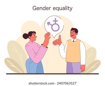 Un hombre y una mujer colaboran, sosteniendo símbolos de hombres y mujeres, defendiendo el respeto y la comprensión mutuos. Unidad en la diversidad. Equilibrio de género. Ilustración vectorial plana.