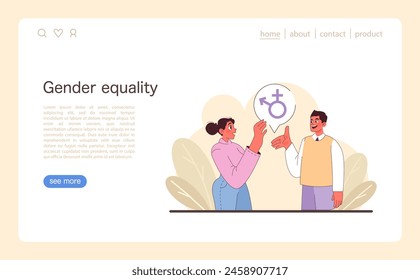 A man and woman collaborate, holding symbols of male and female, championing mutual respect and understanding web or landing. Unity in diversity. Gender balance. Flat vector illustration.