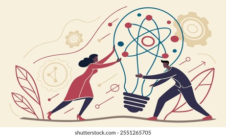 A man and a woman collaborate to support a lightbulb containing an atom symbol. This symbolizes innovation, scientific discovery, and teamwork in generating new ideas.