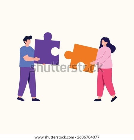 Man and Woman Collaborating to Connect Two Jigsaw Puzzle Pieces Vector Illustration.
