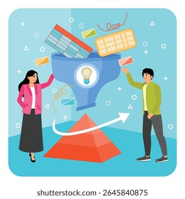 Colaboração de homem e mulher em um grande funil representando aprendizagem de máquina. Inclui data sheet, ideia e oportunidades para revolucionar a tecnologia futura. conceito de adoção de Inteligência Artificial.