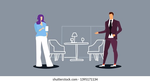 man woman colleagues having coffee break businesspeople coworkers discussing during business meeting modern cafe interior sketch doodle horizontal full length vector illustration