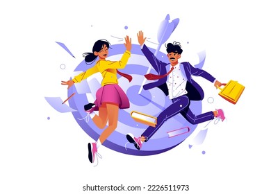 Man and woman colleagues jumping and giving high five vector illustration. Good job flat style concept. Team celebration winning and goal achievement idea