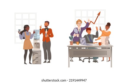Man and Woman Colleagues in Office at Water Cooler and Celebrating Success Engaged in Daily Workflow Vector Set