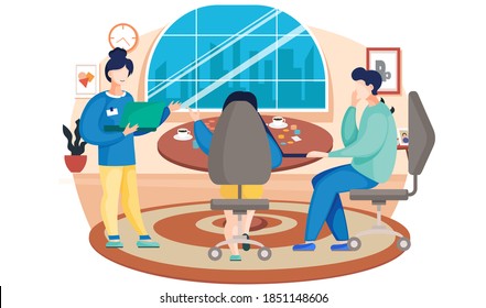 Man and woman, colleagues, office workers in the office. People indoors with computers talking, communicating in room. People are sitting at a table with a laptop playing a board game with chips