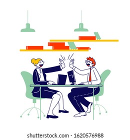 Man and Woman Colleagues Sitting at Desk Giving Highfive to Each Other after Goal Achievement or Successful Business Deal Contract Signing. Triumph Support. Cartoon Flat Vector Illustration, Line Art