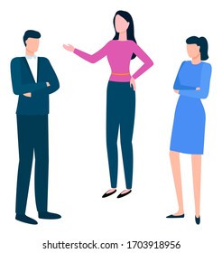 Man and woman colleagues, teamwork cooperation, group of people speaking. Portrait and full length view of workers discussing, employee character vector