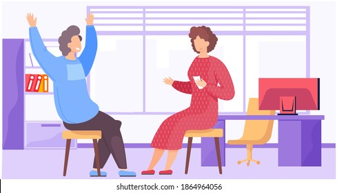 Man and woman colleagues, workers in the office. People indoors talking, communicating in room. Guy joyfully raised his hands up. People in casual clothes sitting on chairs with a laptop on the table
