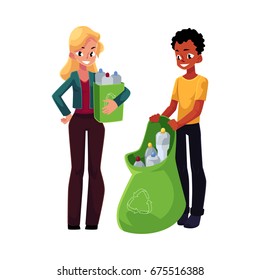 Man and woman collect plastic bottles in garbage bag and trash bin, waste recycling, cartoon vector illustration isolated on white background. People, man and woman with bag and box of plastic bottles