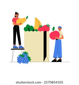 Man And Woman Collecting Fresh Fruits In Flat Vector Illustration Symbolizing Healthy Eating And Grocery Shopping, Isolated On White Background