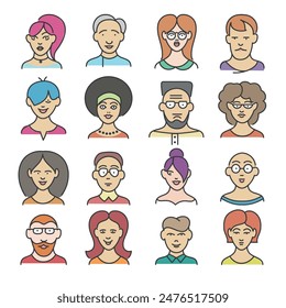 Man and woman colored face line icons. Female male old young outline doodle avatars collection isolated vector illustration