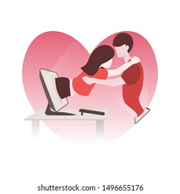 Man and woman come out of mobile device screen while hugging each other. Virtual relationship, online dating, and social networking concept