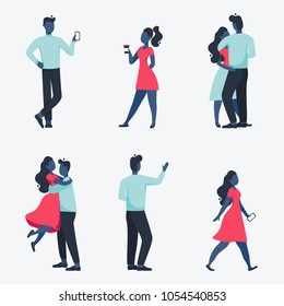 Man and woman communicate and finding love using dating services on smartphones and computers. flat people icon set isolated vector illustration