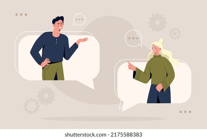 Man and woman communicate on Internet. Video call or conference, interaction of friends. Online dating app, girl and guy on social media. Dialogue in messenger. Cartoon flat vector illustration