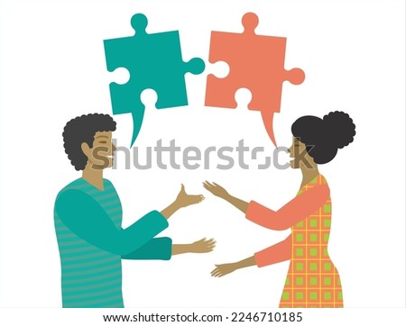 Man and woman communicate, speech bubbles like jigsaw pieces. Isolated on white. Vector illustration.