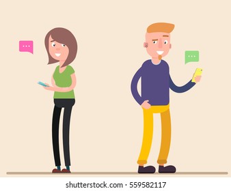 Man and woman communicate through phone messages. Flat design.