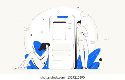 Man and woman communicate through social networks. Concept trendy vector illustration