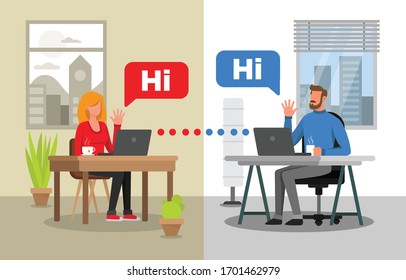 Man And Woman Communicating By Video Conference. Two Different Backgrounds For Each Character. Virtual Meeting.