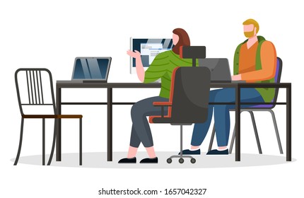 Man and woman communicating with laptop in office. Coworkers male and female discussing work at desktop. Colleagues characters working with computer on workplace. People coworking indoor vector