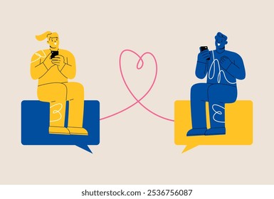 Homem e mulher se comunicando online. Conceito de namoro online. Ilustração vetorial colorida
