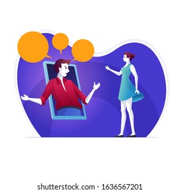 Man and woman is communicating using video chat with smartphone. Two businesspeople are talking through smartphone screens for business. 