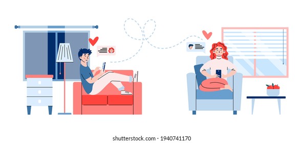 Man and woman communicating via mobile app cartoon vector illustration isolated.