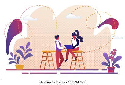 Man and Woman Communicating. Young Girl with Laptop in Hands Sitting on Ladder Chatting with Handsome Guy Standing beneath. Human Relationship, Love, Friendship. Cartoon Flat Vector Illustration