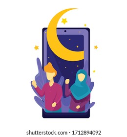 Man and woman communication by smart phone for ramadhan illustration social distancing for information, banner, ond other