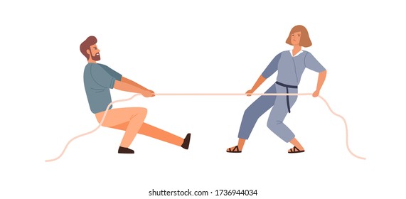 Man and woman competitors tug of war contest vector flat illustration. Colorful male and female rivals pulling opposite ends of rope isolated on white. Battle between wife and husband to leadership