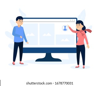 man and woman with computer desktop flat design