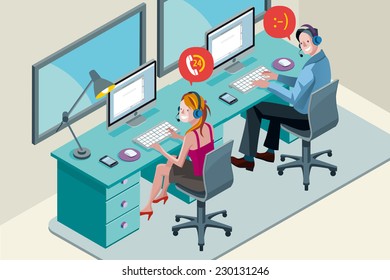 Man and woman with computer, smiling during a telephone conversation. They work with headset in a call center.