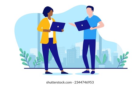 Man and woman with computers - Two office people with laptops talking and discussing at work. Flat design vector illustration with white background