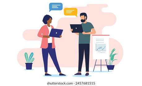 Man and woman with computers - Two people in office having a business conversation while standing, talking and discussing work together. Flat design vector illustration with white background