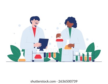Man and woman are conducting chemical experiments. Scientists stand at the chemistry experiment set. Glass cups with liquids, wrinkled leaves. Science of chemistry. Vector graphics.
