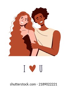 A man and a woman confess their love. Vector postcard FLAT on a white background