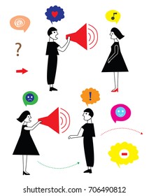 Man and woman conflict and communication signs, vector graphic illustration