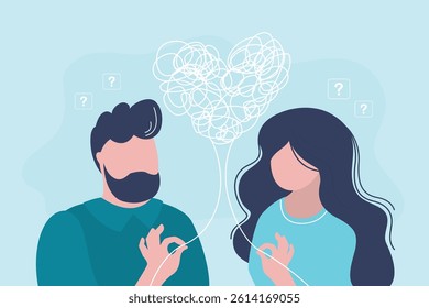 Man and woman confused in feelings, messy chaos or clot of thread in form symbolizing burnout in relationship. Couple needs help of family psychologist solving relationship problems. Psychotherapy